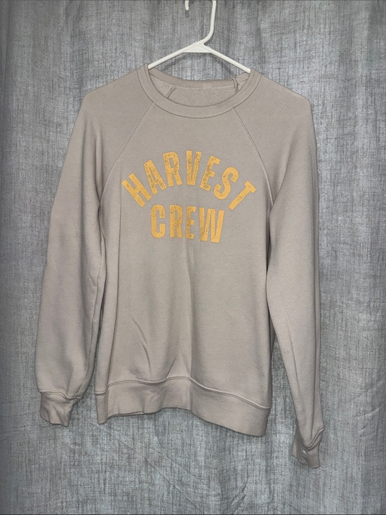 Sweaters - Beige Sweatshirt with Yellow "Harvest Crew" Print